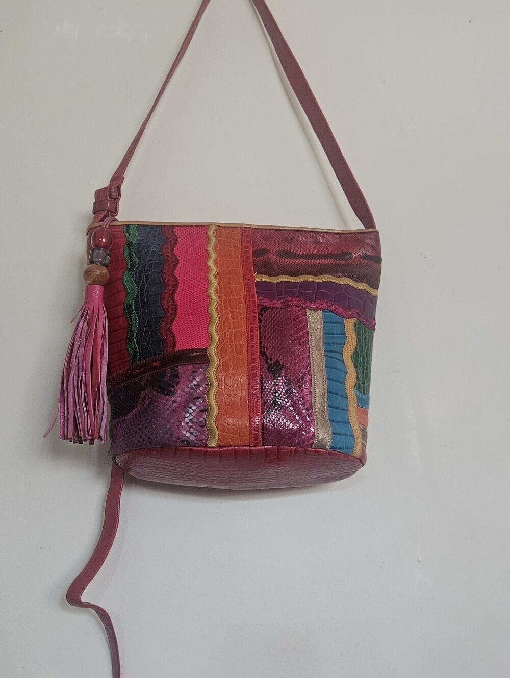 Vintage 80s Sharif Patchwork Leather Crossbody Bag Reptile Tassel Boho